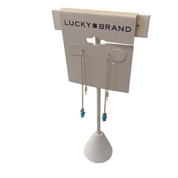 Faux Turquoise & Goldtone Flower Threader Earrings. - Picture 3 of 6